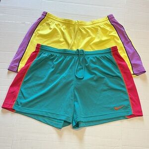 Nike-XL-set of 2-yellow& purple, teal& pink-mesh, drawstring, athletic shorts.